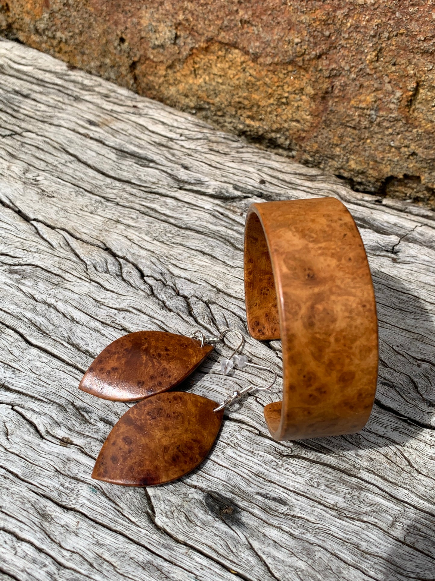 Amboyna Burl Set Wooden Bangle and Leaf Earrings