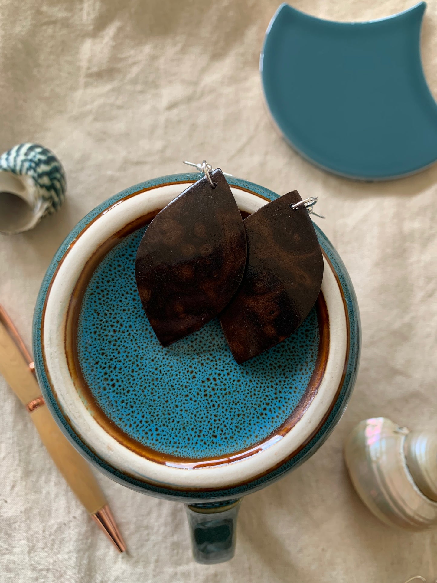 Walnut Burl, Curved Leaf Wooden Earrings