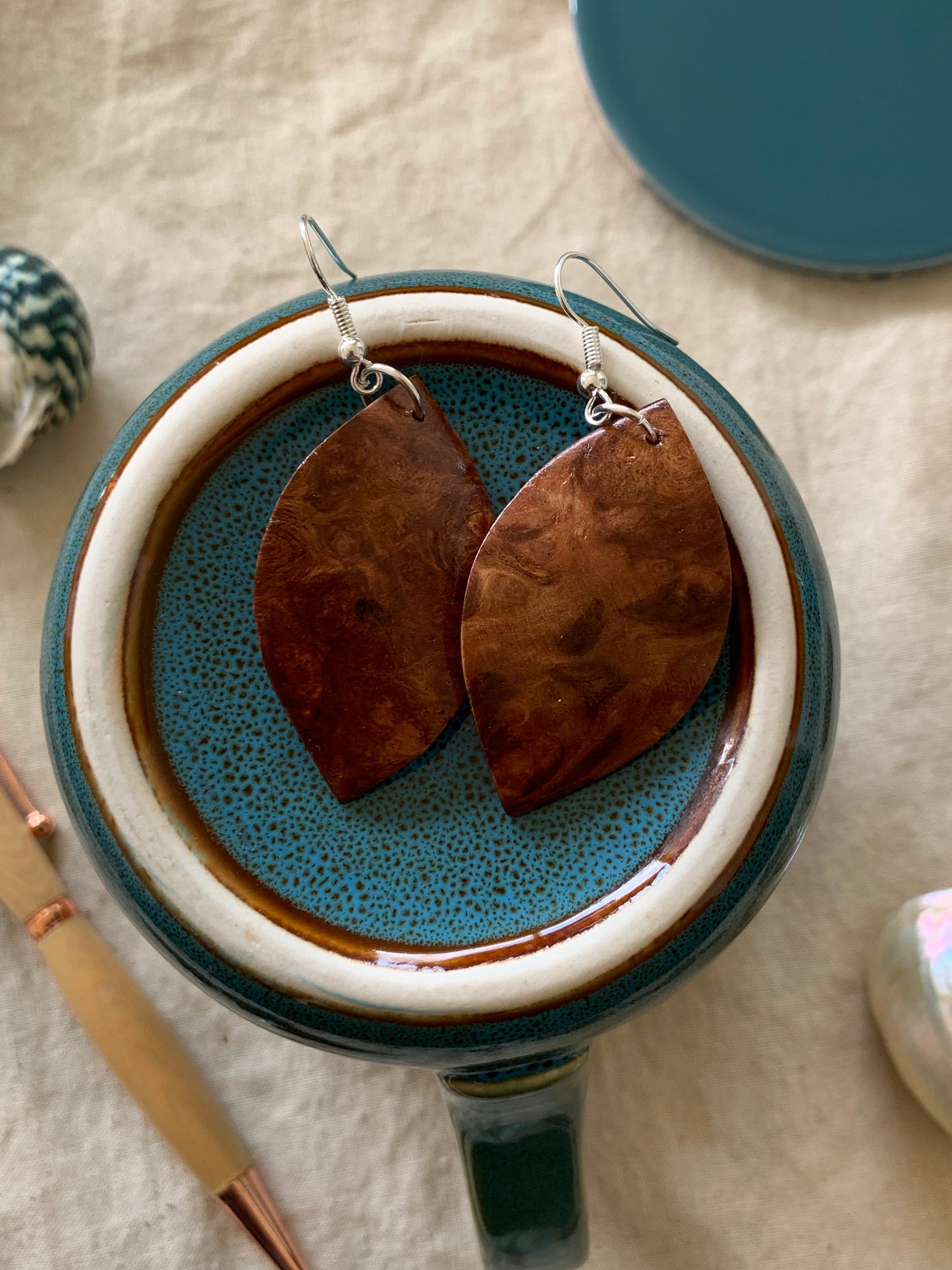 Eucalyptus Burl, Curved Leaf Wooden Earrings