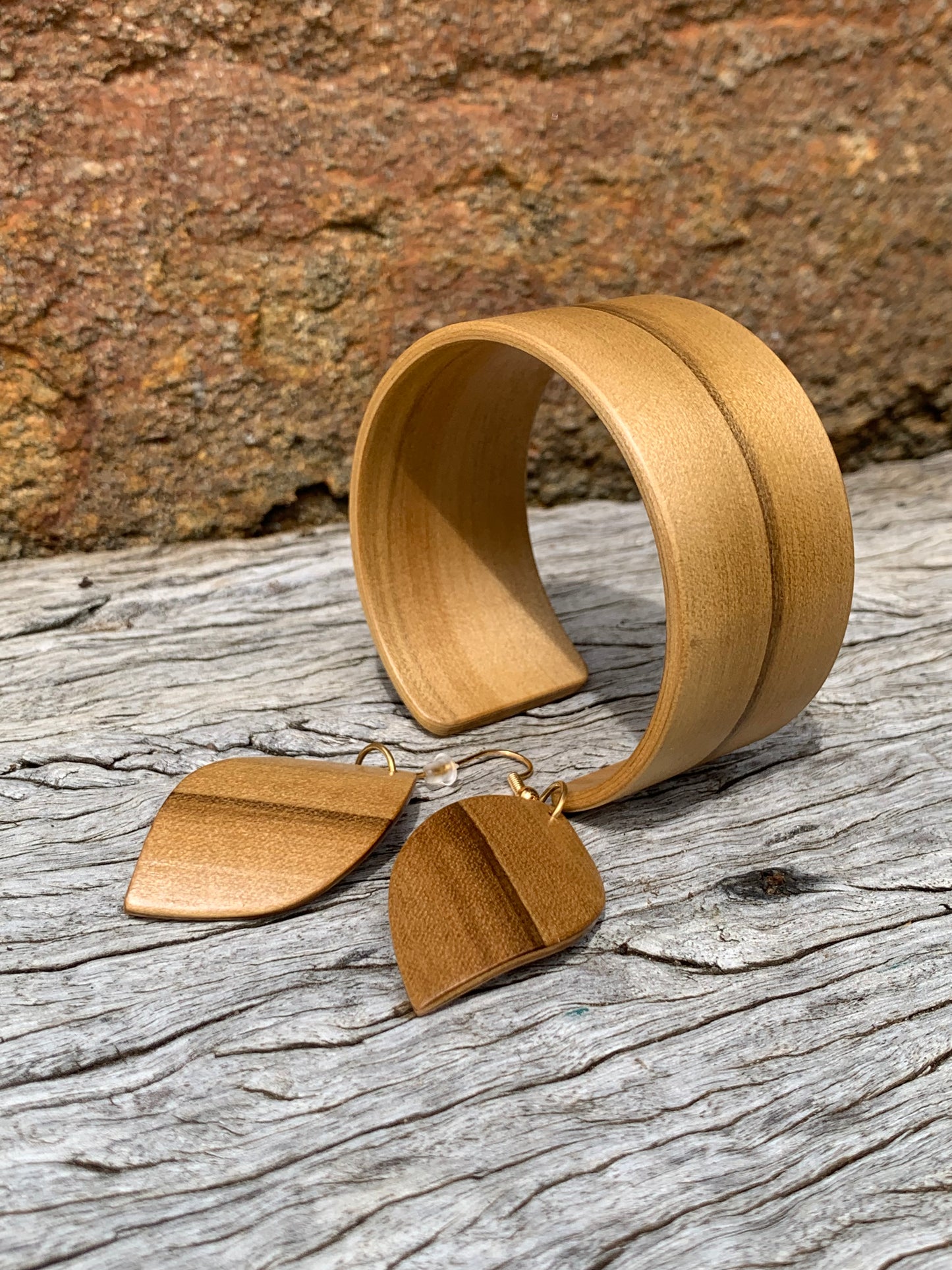 Sassafras Set, Wooden Bangle and Leaf Earrings