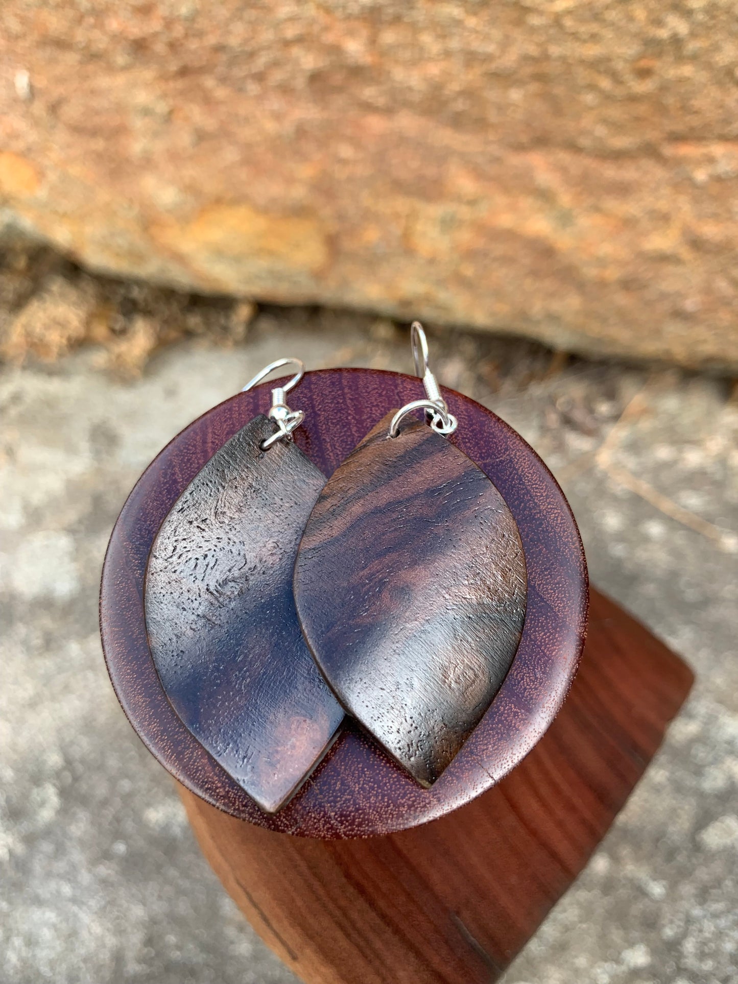 Walnut Burl, Curved Leaf Wooden Earrings