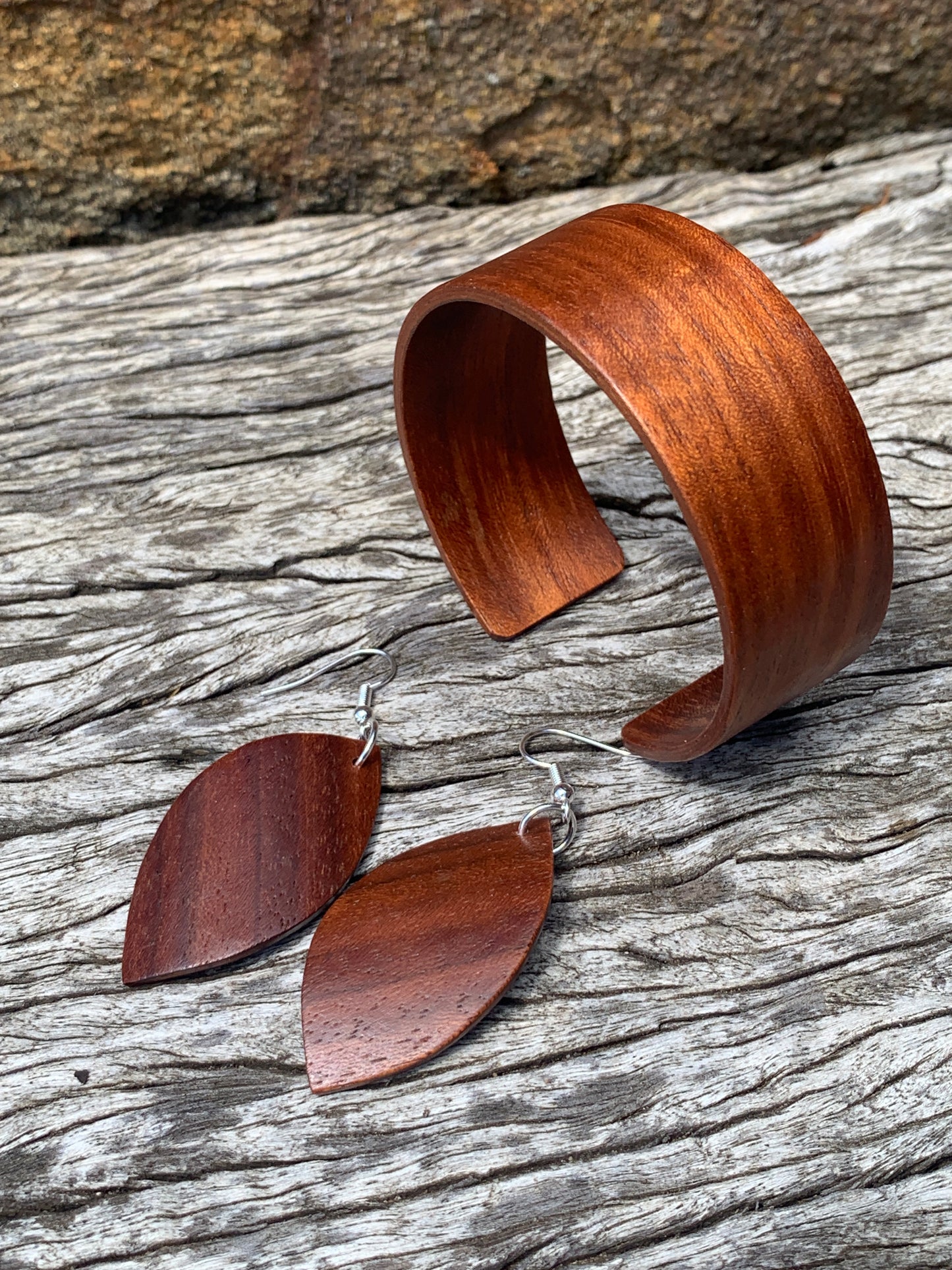 Wooden Bangle and Leaf Earrings