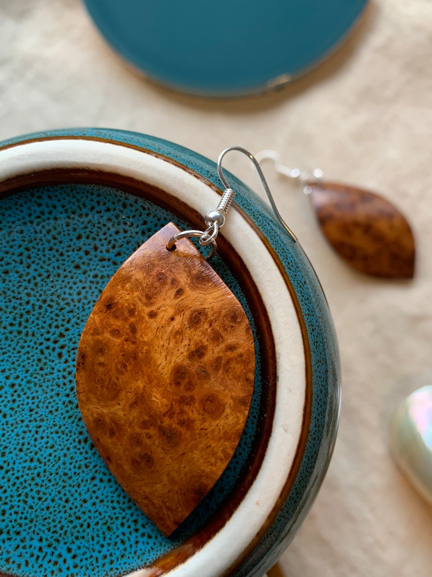 Amboyna Burl, Curved Leaf Wooden Earrings