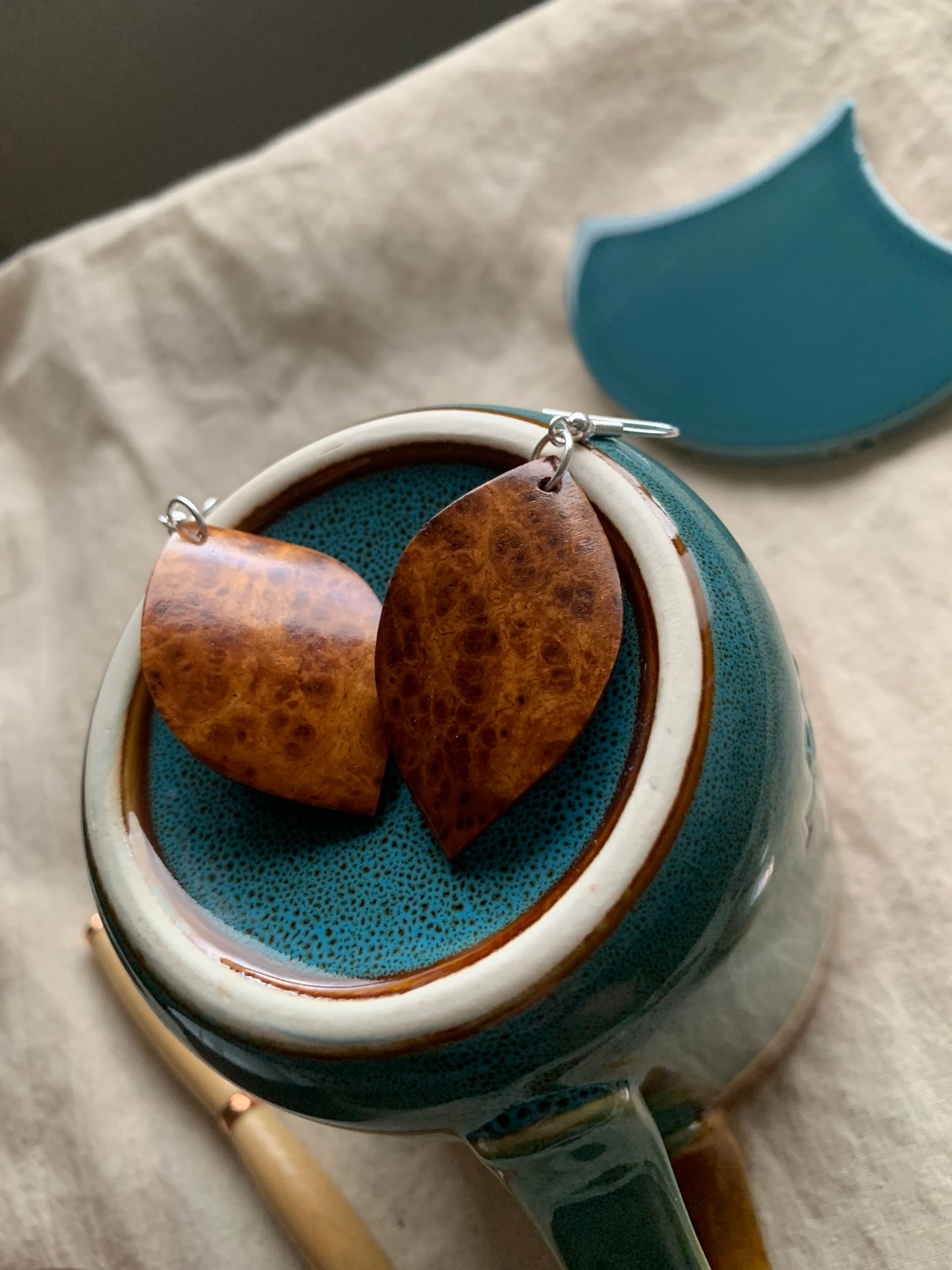 Amboyna Burl, Curved Leaf Wooden Earrings