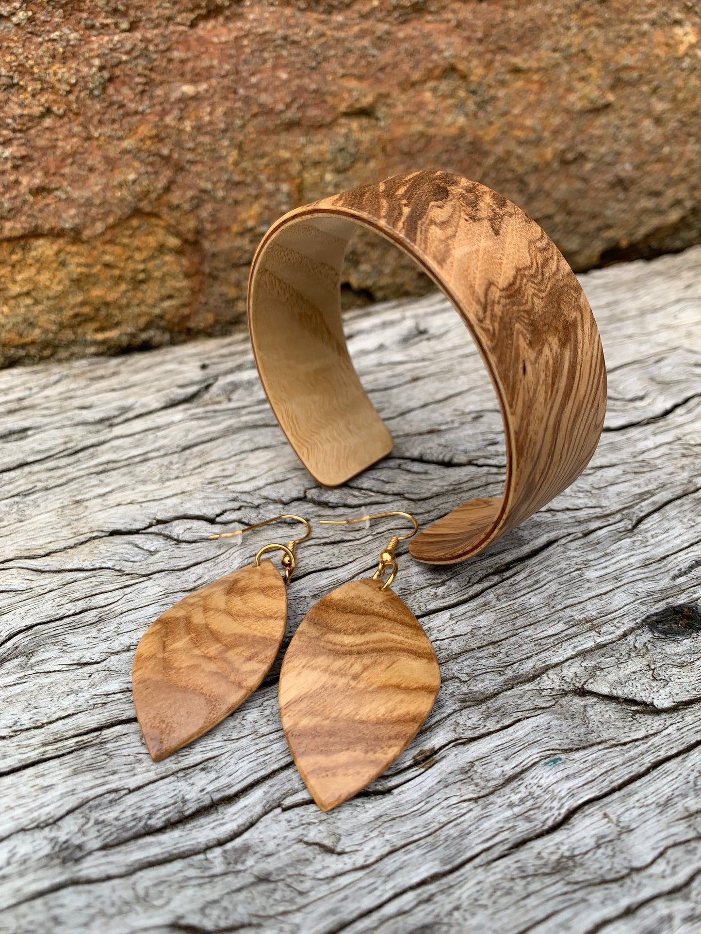 Olive Ash Set, Wooden Bangle and Leaf Earrings