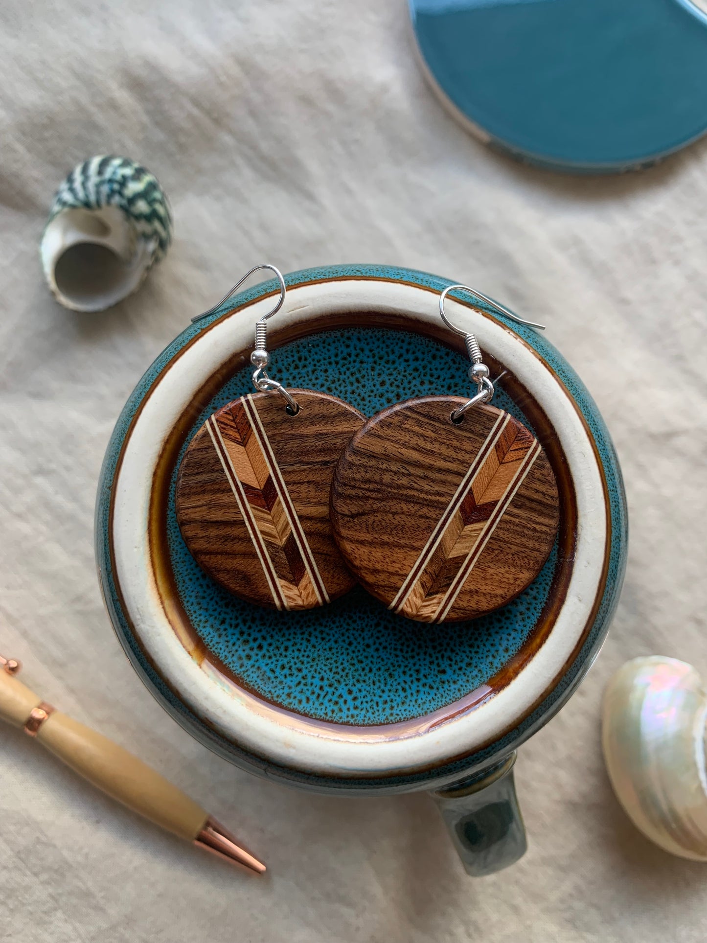 "Chevrosa Chic Earrings – Bolivian Rosewood with Chevron Inlay | Sjarel Handmade Jewellery"