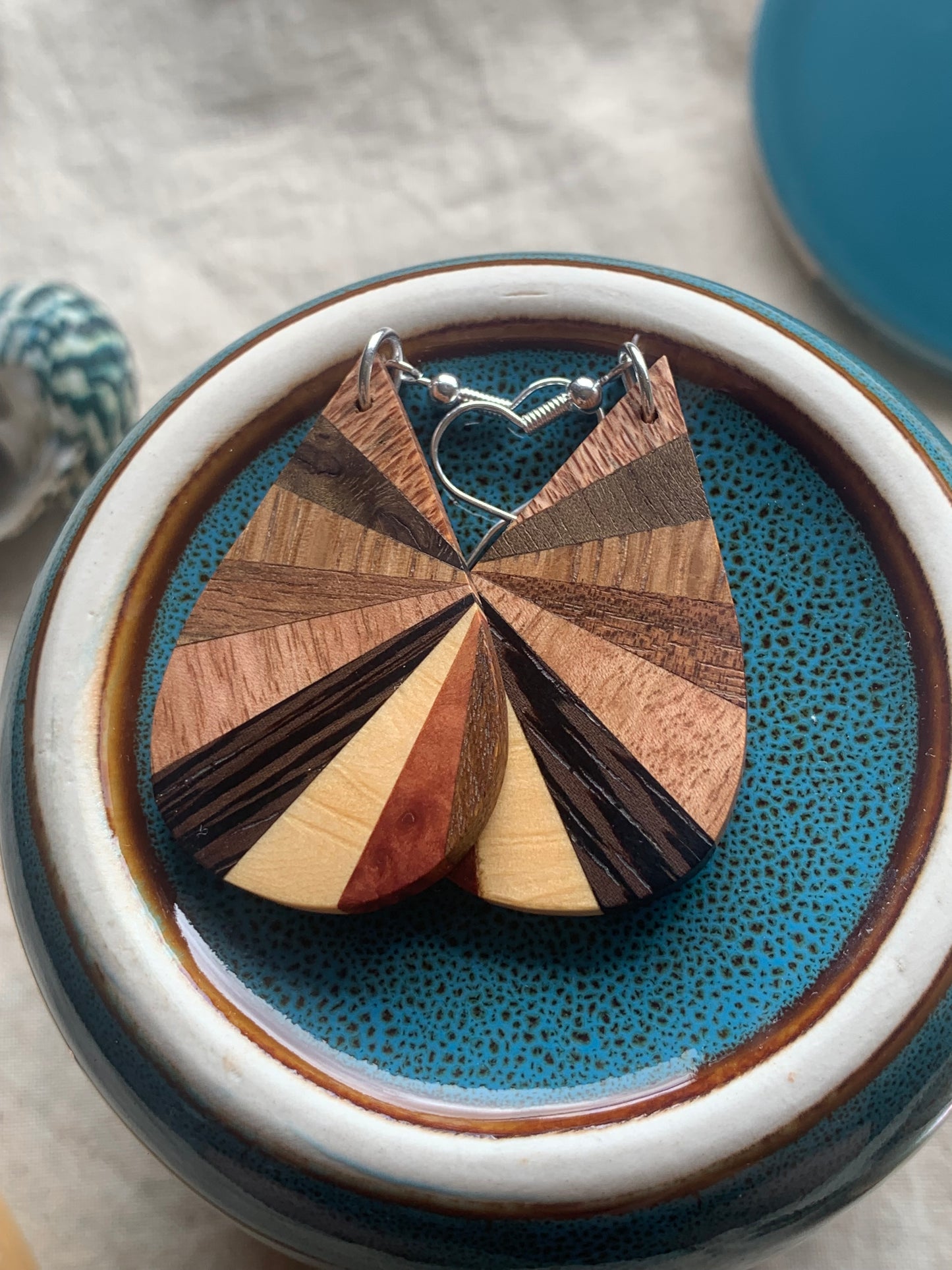 "Ray of Nature Earrings – Multicolor Wood Teardrop with Ray-like Pattern | Sjarel Handmade Jewellery"