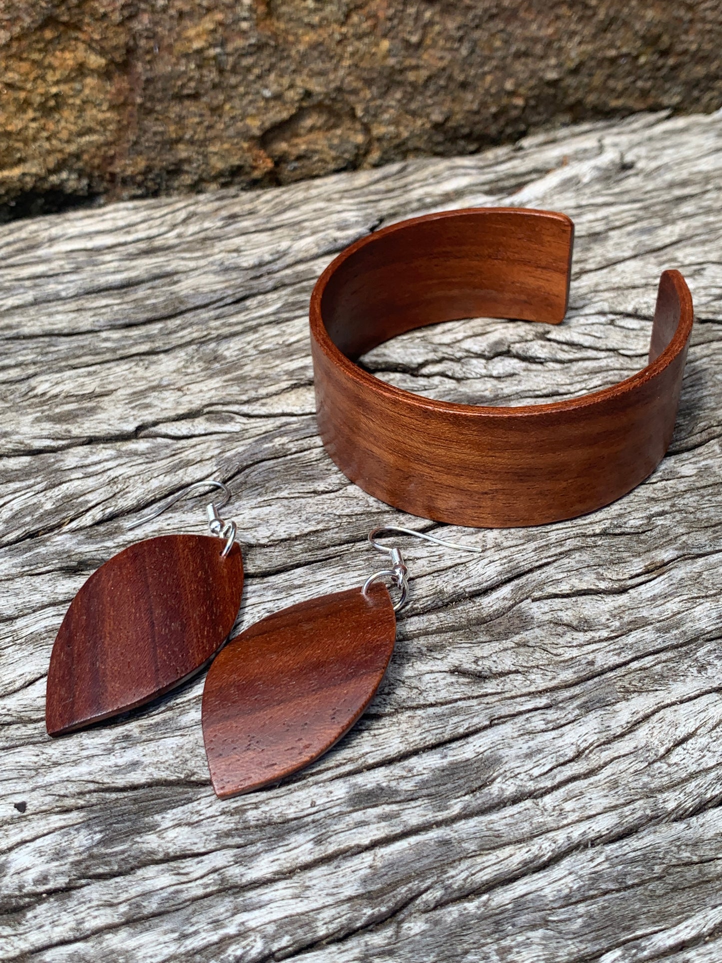 Wooden Bangle and Leaf Earrings