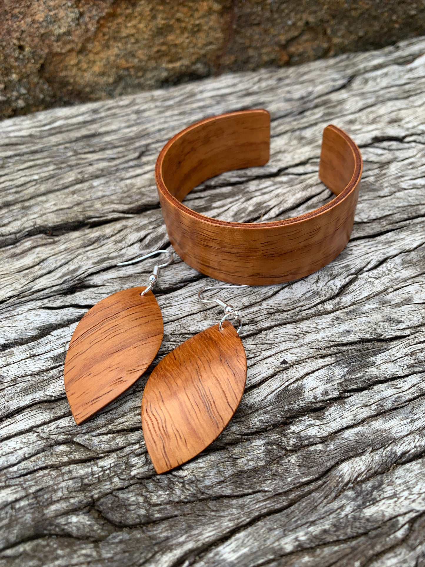 New Guinea Rosewood Set, Wooden Bangle and Leaf Earrings