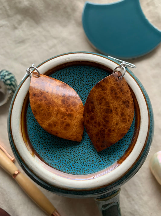 Amboyna Burl, Curved Leaf Wooden Earrings