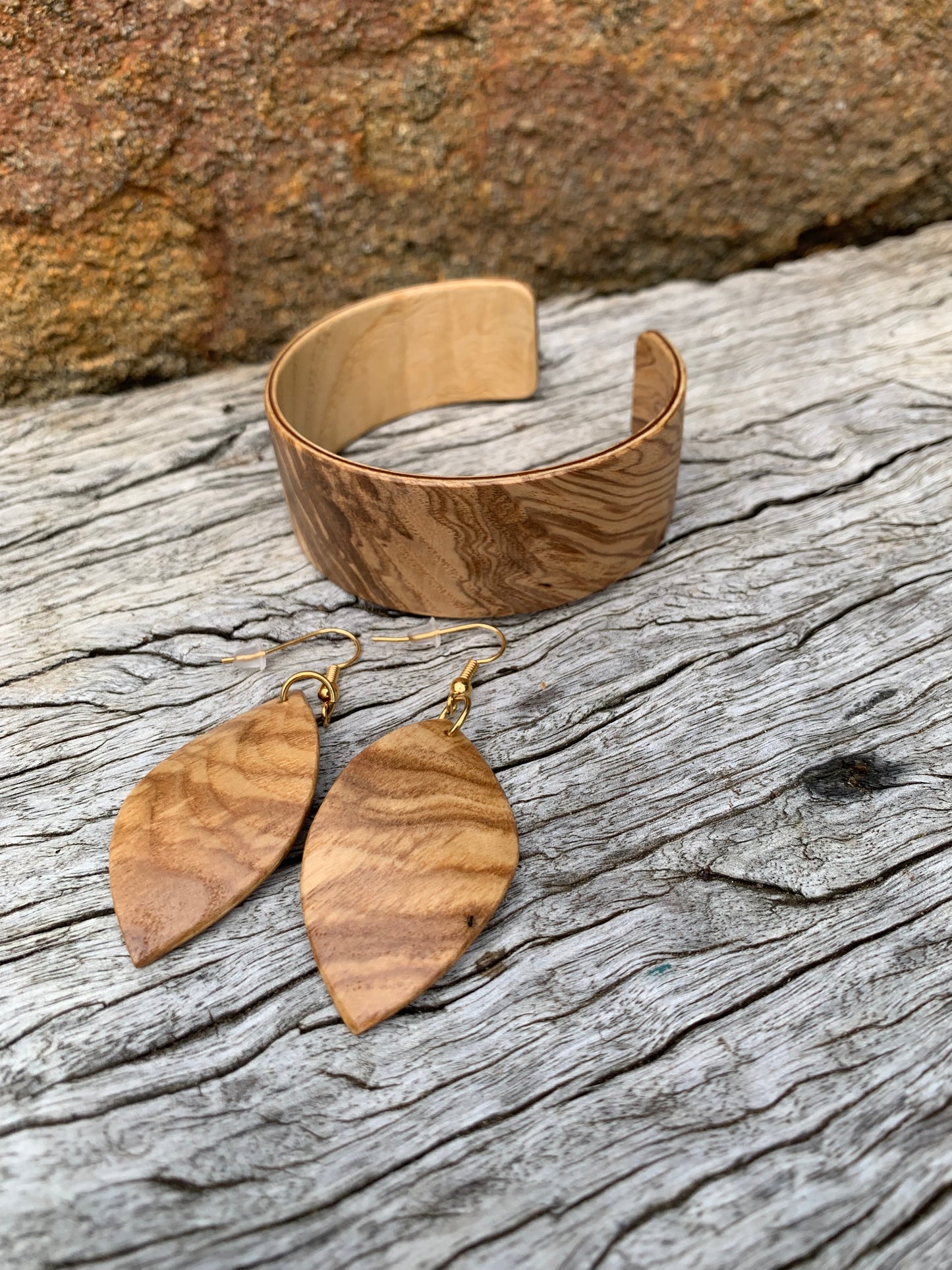 Olive Ash Set, Wooden Bangle and Leaf Earrings