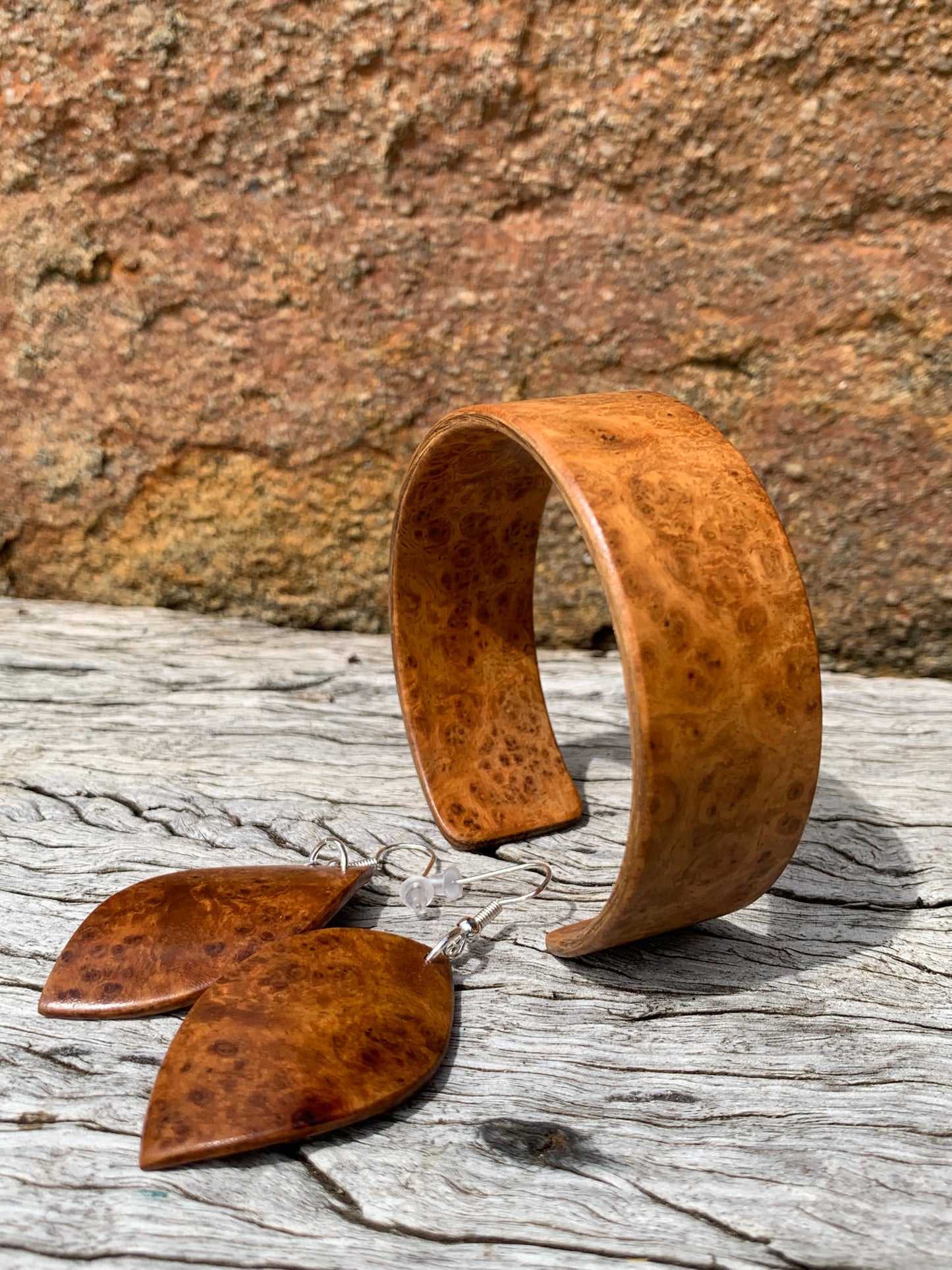 Amboyna Burl Set Wooden Bangle and Leaf Earrings