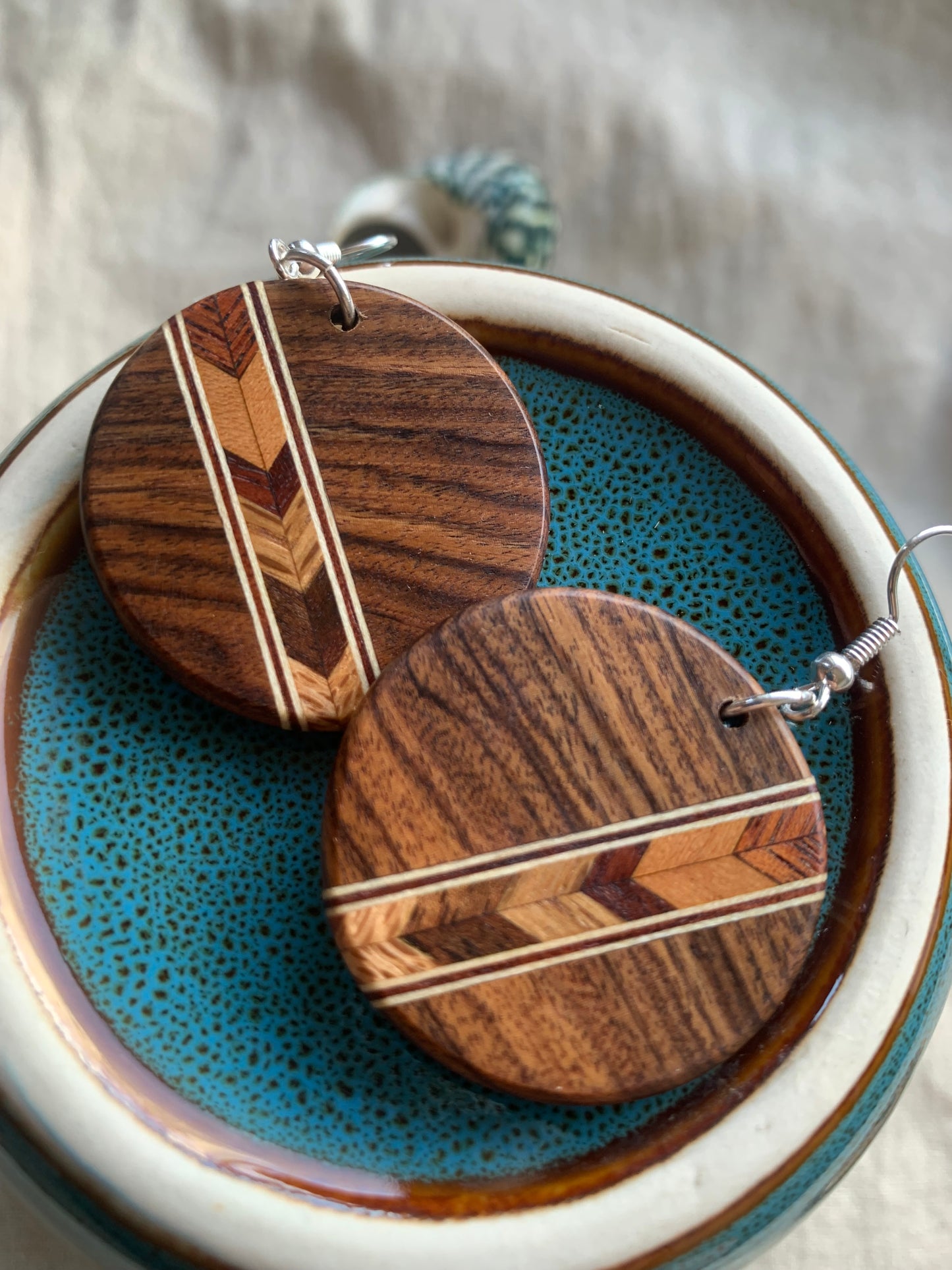 "Chevrosa Chic Earrings – Bolivian Rosewood with Chevron Inlay | Sjarel Handmade Jewellery"