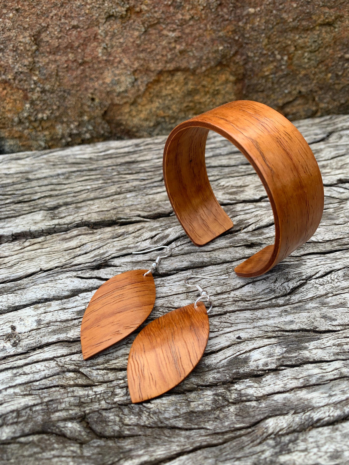 New Guinea Rosewood Set, Wooden Bangle and Leaf Earrings