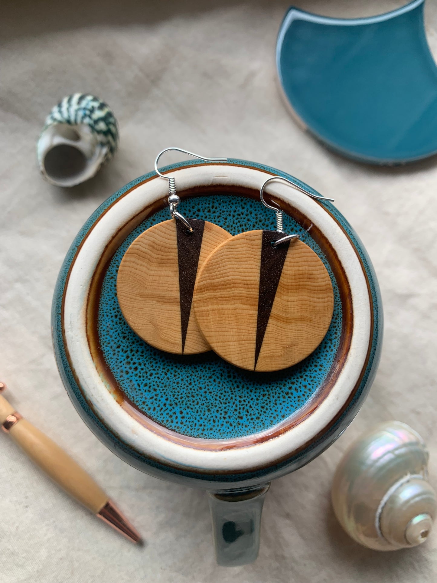 "Huon Balance Earrings – Handcrafted Huon Pine & Walnut | Sjarel Handmade Jewellery"