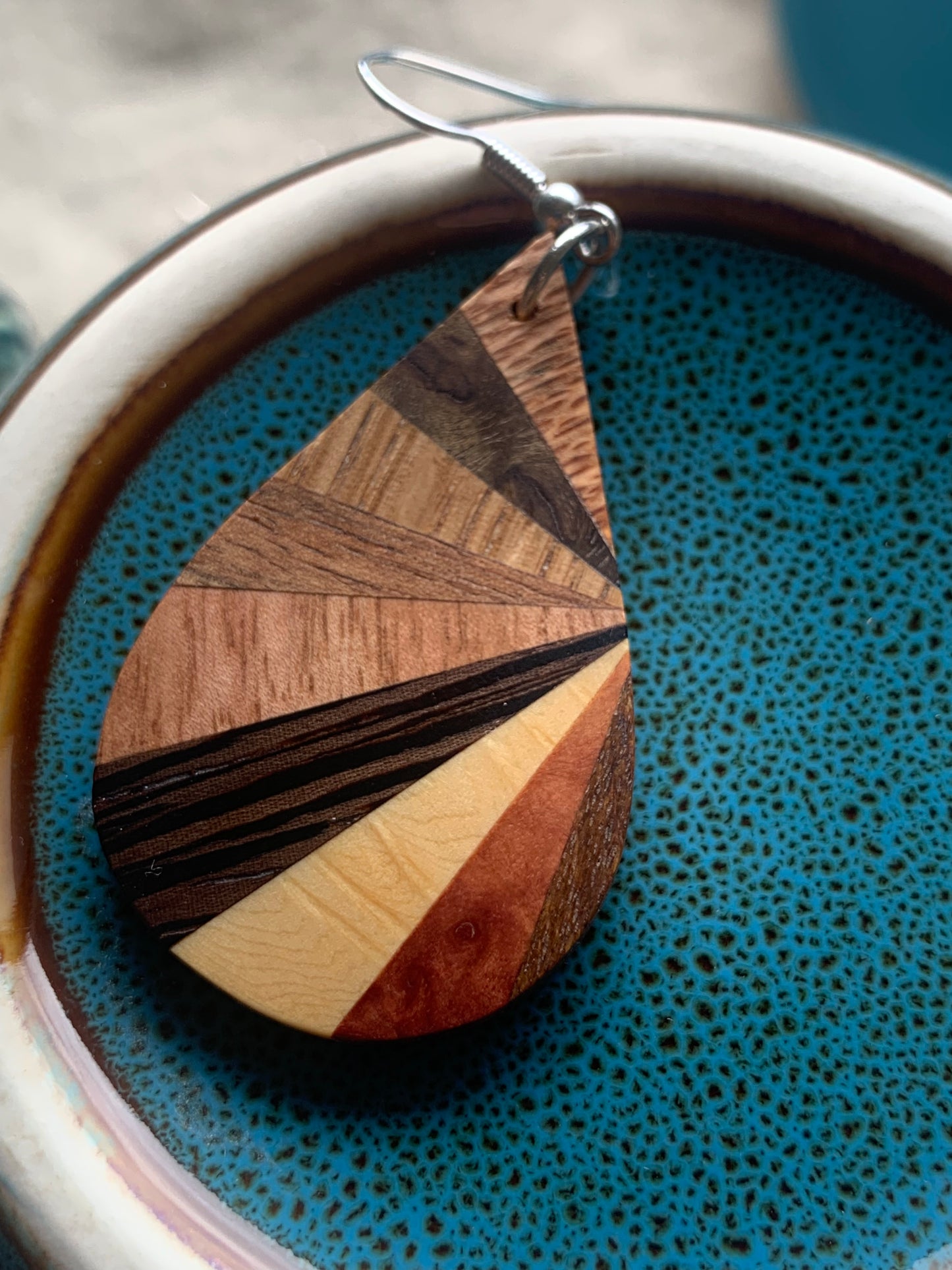 "Ray of Nature Earrings – Multicolor Wood Teardrop with Ray-like Pattern | Sjarel Handmade Jewellery"