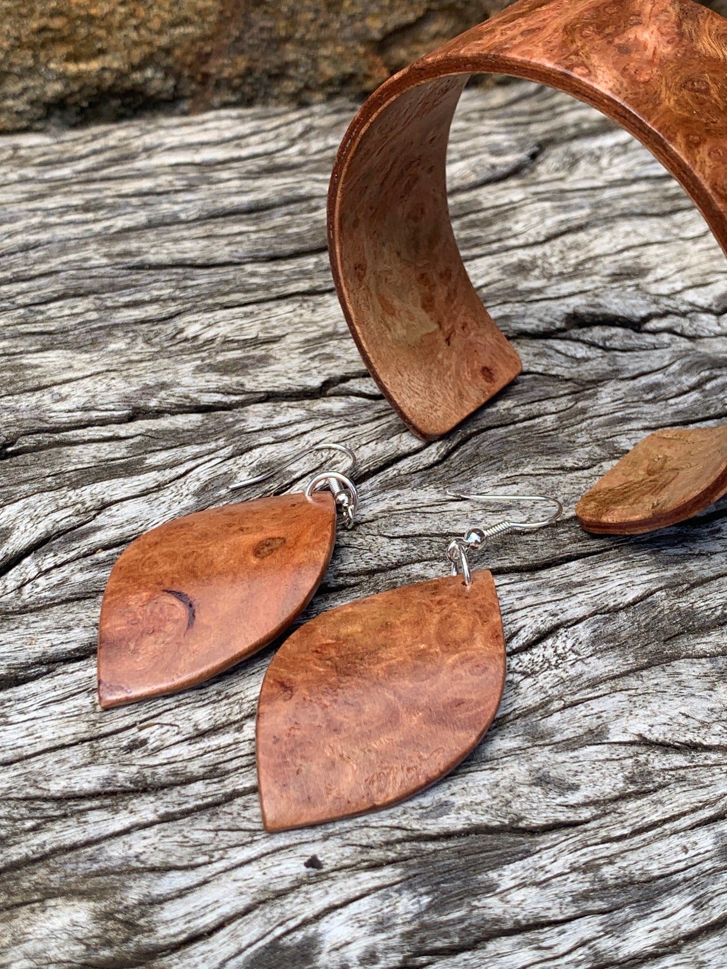 Eucalyptus Burl Set, Wooden Bangle and Leaf Earrings