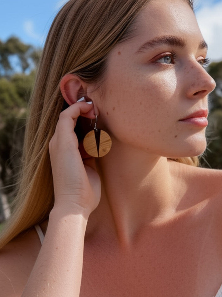 "Huon Balance Earrings – Handcrafted Huon Pine & Walnut | Sjarel Handmade Jewellery"
