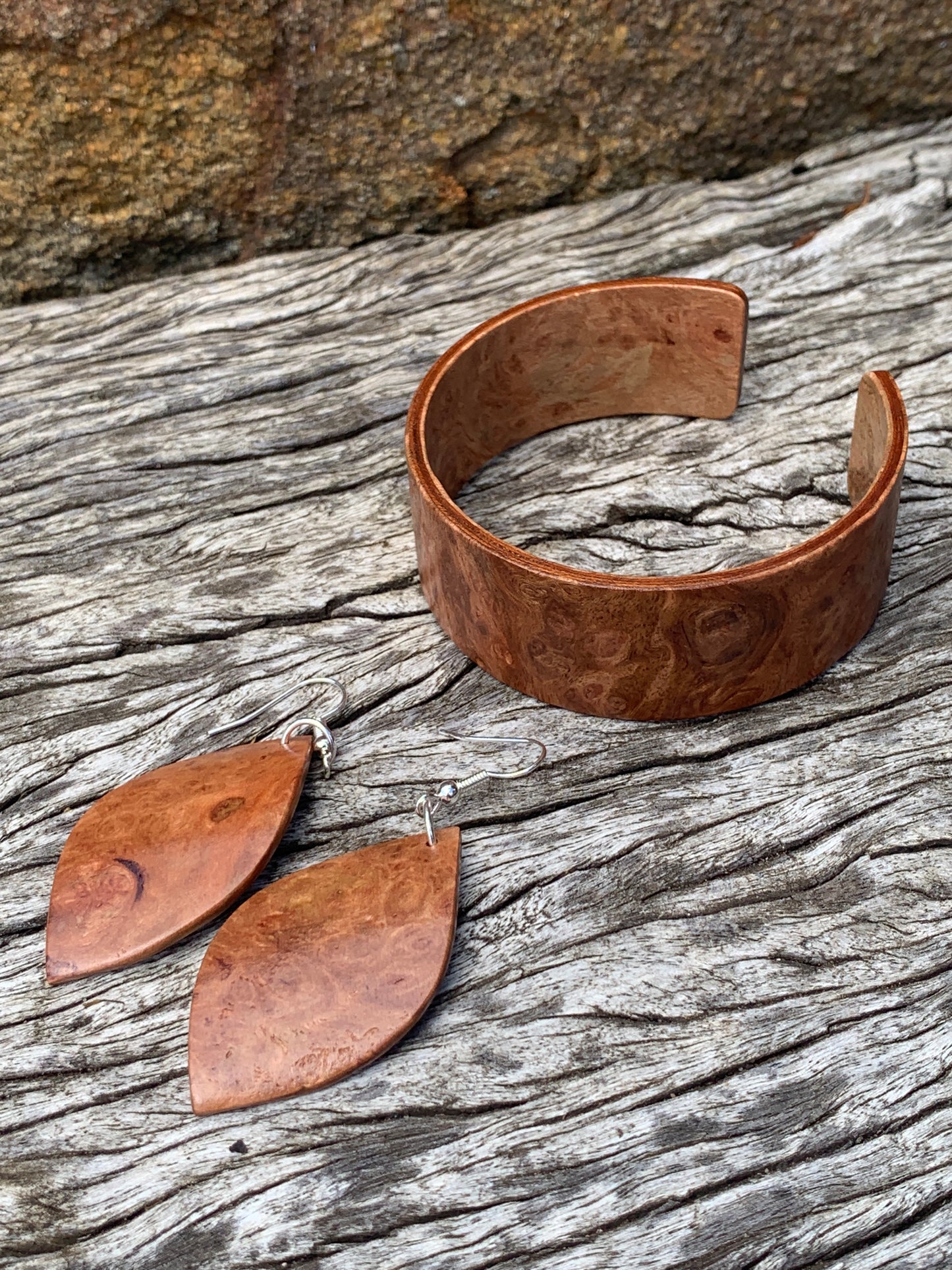 Eucalyptus Burl Set, Wooden Bangle and Leaf Earrings