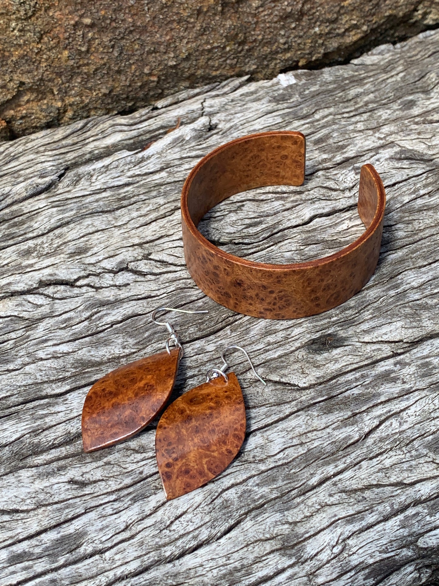 Amboyna Burl Set Wooden Bangle and Leaf Earrings