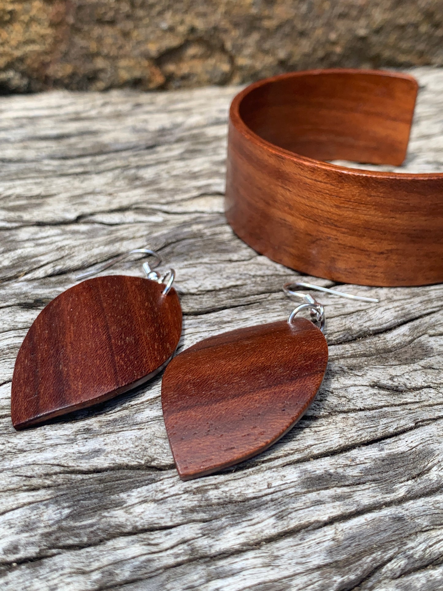 Wooden Bangle and Leaf Earrings