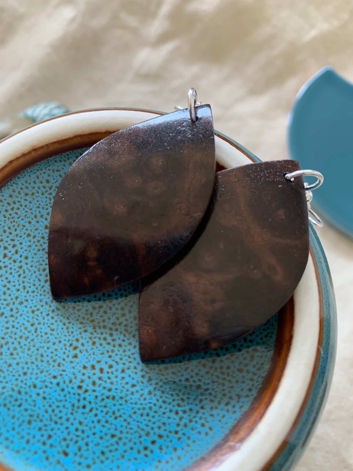 Walnut Burl, Curved Leaf Wooden Earrings