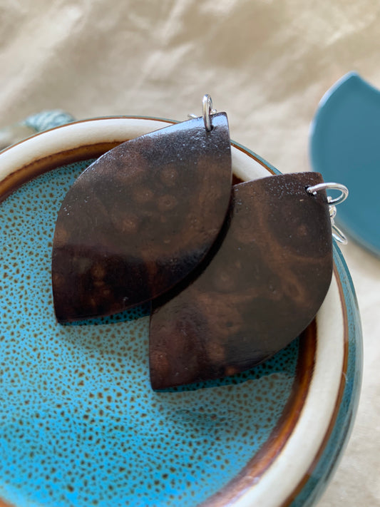 Walnut Burl, Curved Leaf Wooden Earrings