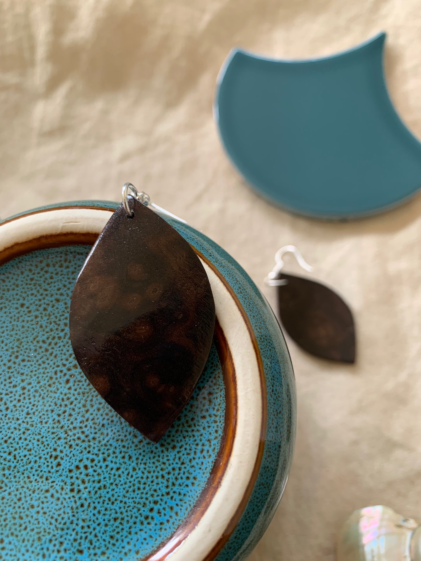 Walnut Burl, Curved Leaf Wooden Earrings