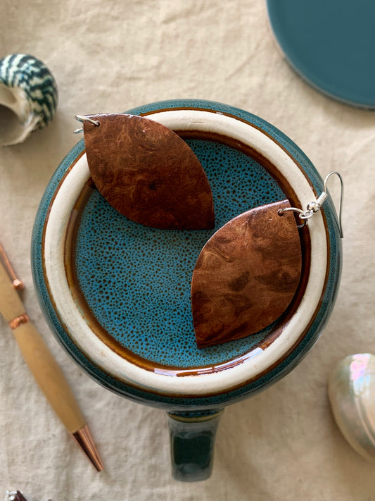 Eucalyptus Burl, Curved Leaf Wooden Earrings