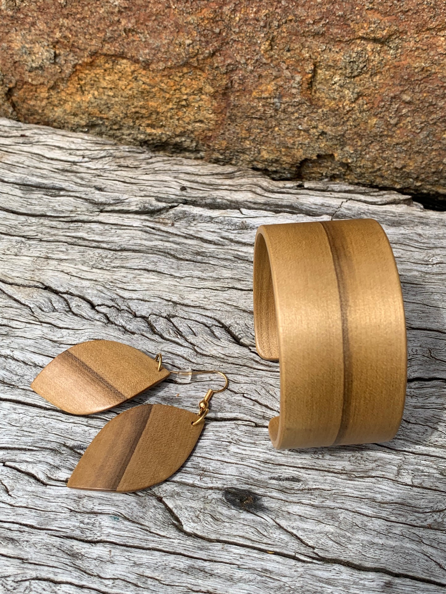 Sassafras Set, Wooden Bangle and Leaf Earrings
