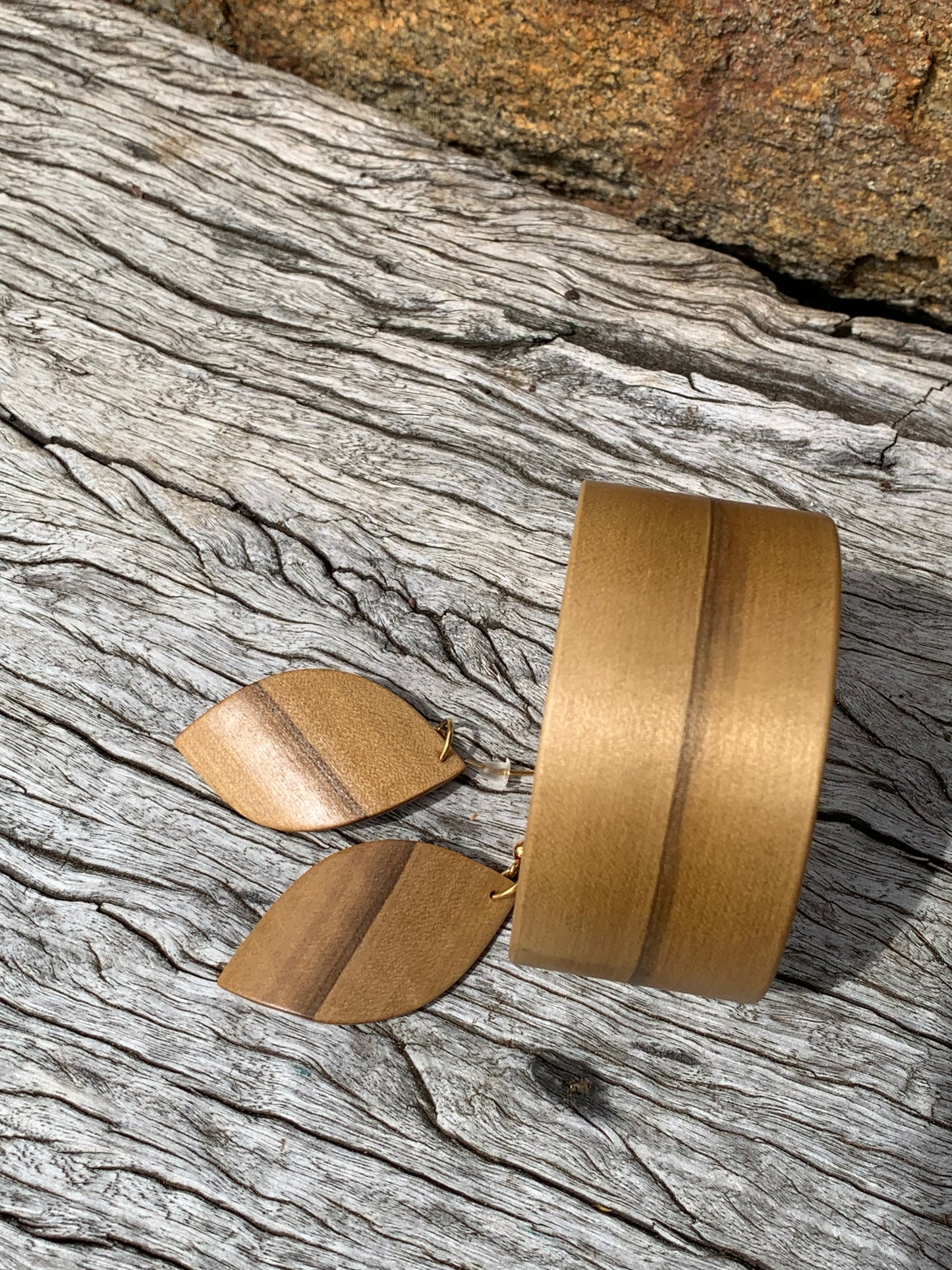 Sassafras Set, Wooden Bangle and Leaf Earrings