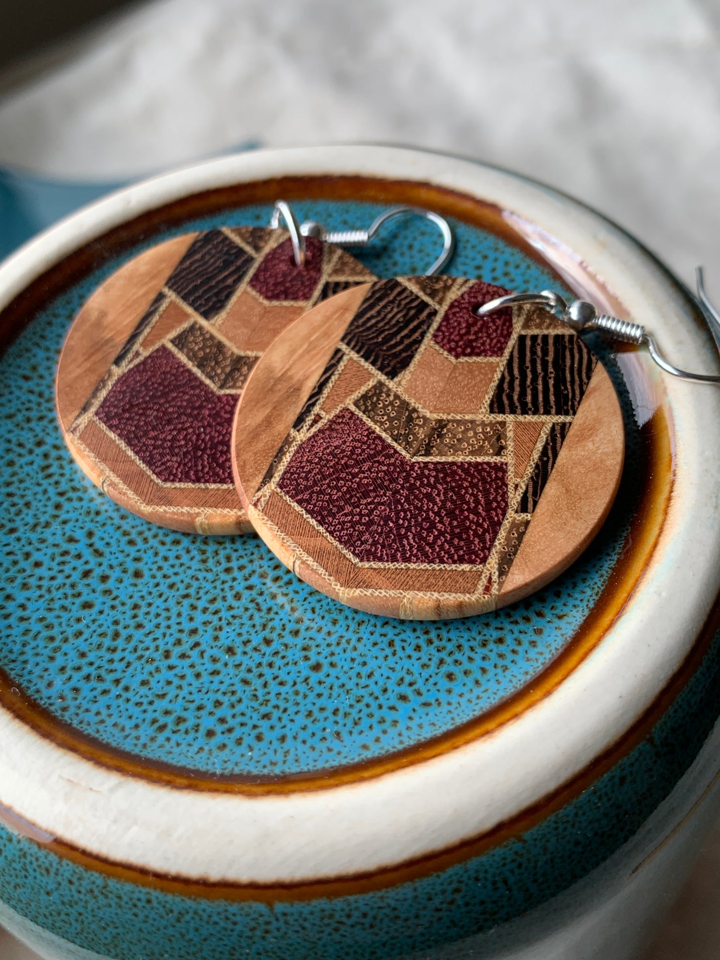 Nova Mosaic Wooden Earrings – Handmade Timber Statement Earrings, Unique Kaleidoscope Design