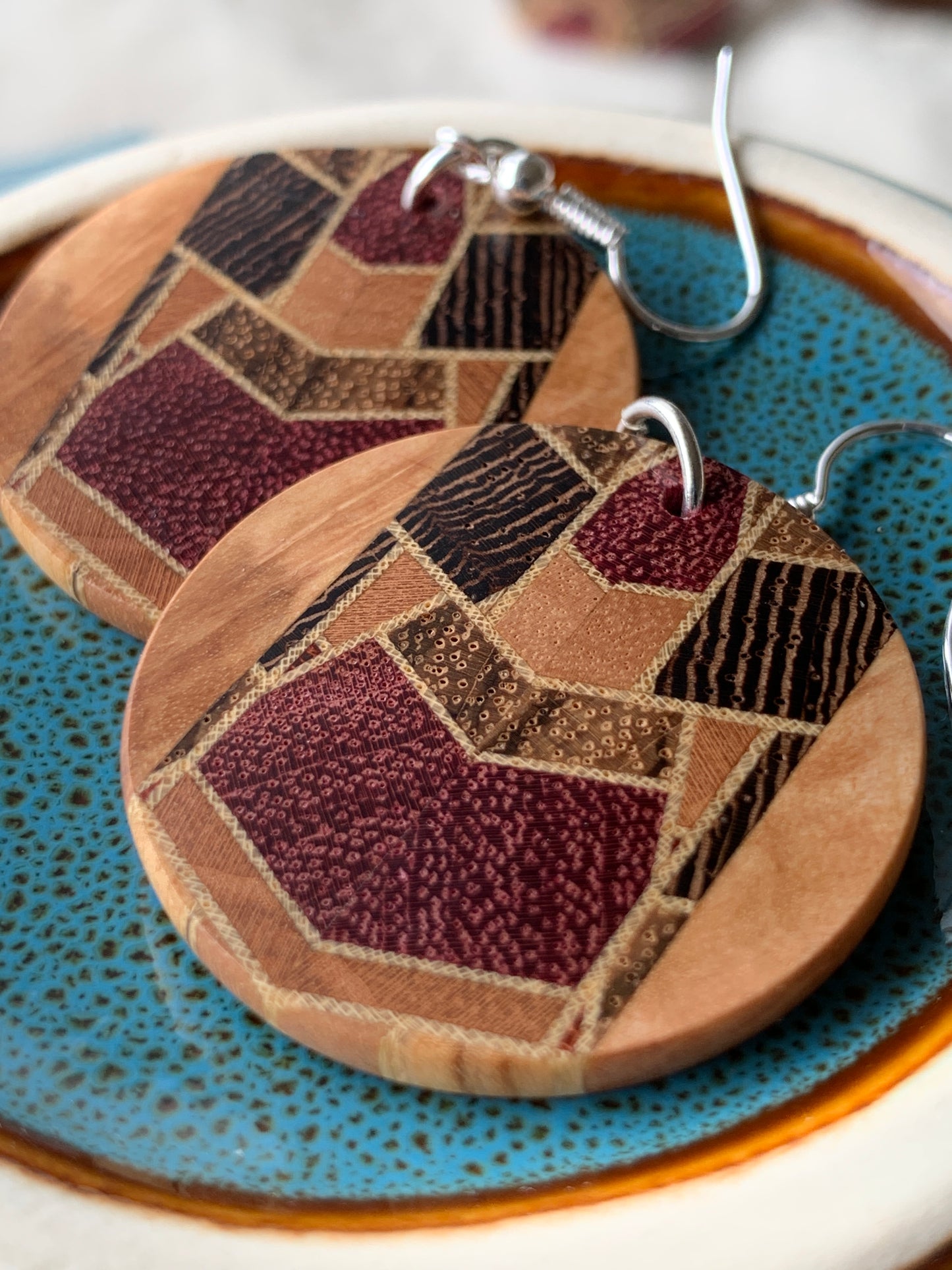 Nova Mosaic Wooden Earrings – Handmade Timber Statement Earrings, Unique Kaleidoscope Design