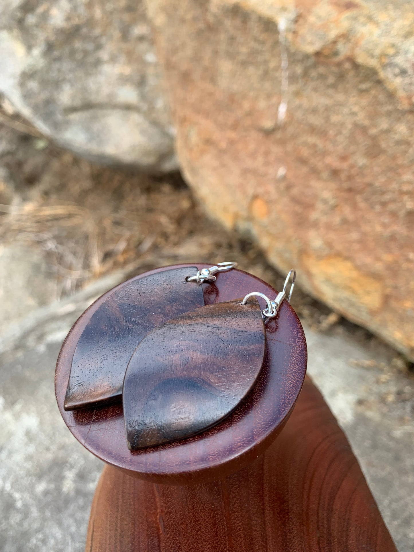 Walnut Burl, Curved Leaf Wooden Earrings