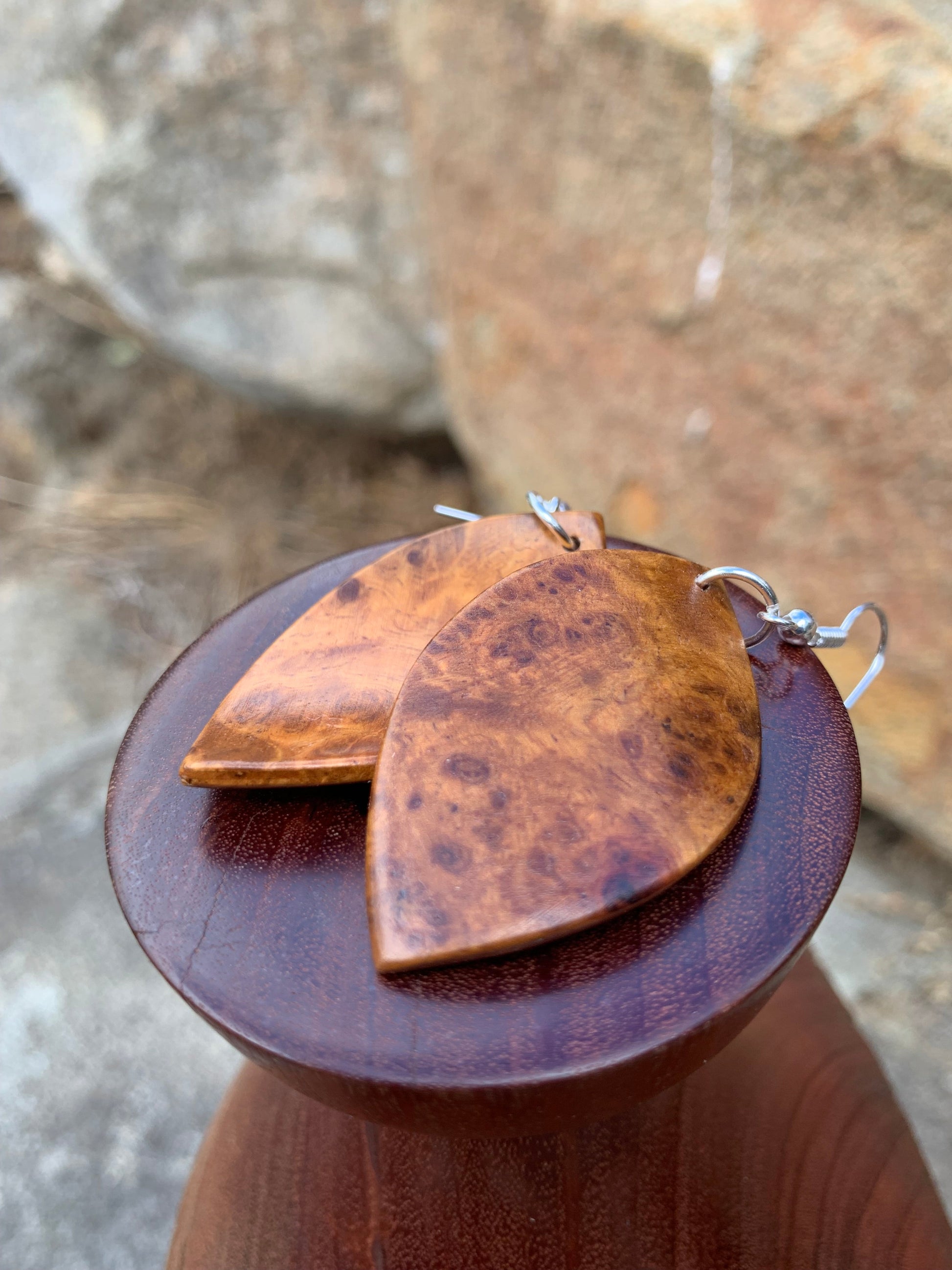 Sjarel Handmade Jewellery Amboyna Burl, Curved Leaf Earrings Wooden Earrings side view