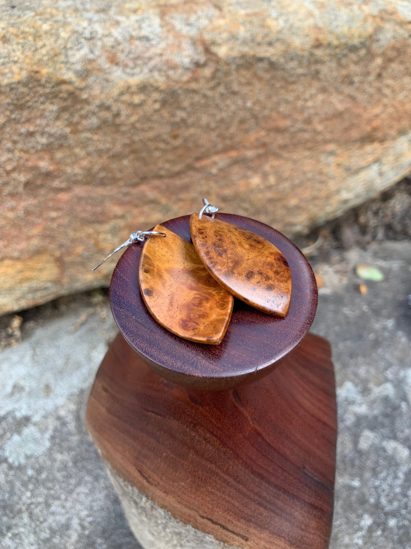 Amboyna Burl, Curved Leaf Wooden Earrings
