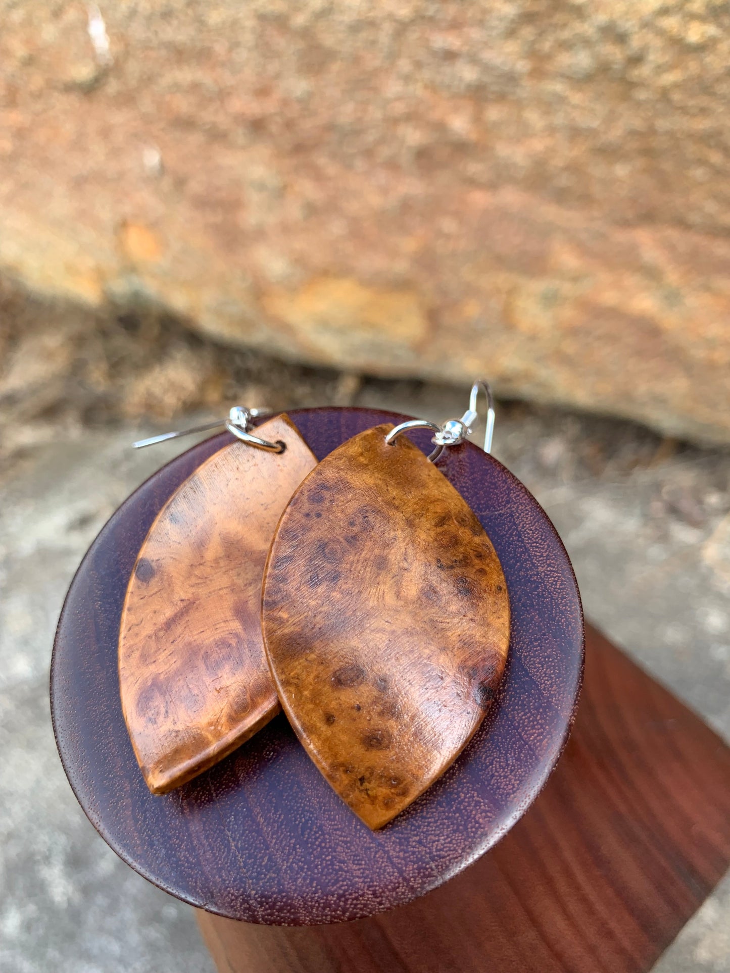 Amboyna Burl, Curved Leaf Wooden Earrings